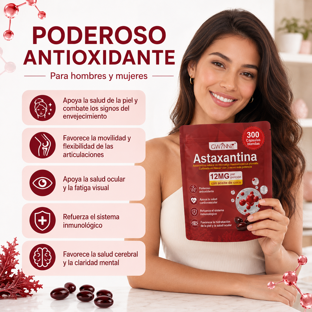 Gwynne Astaxantina 12 Mg 300 Cápsulas Blandas Antioxidante,astaxantina Antioxidant From Fresh Haematococcus Pluvialis,apoya La Salud Ocular, Articular Y Cutánea