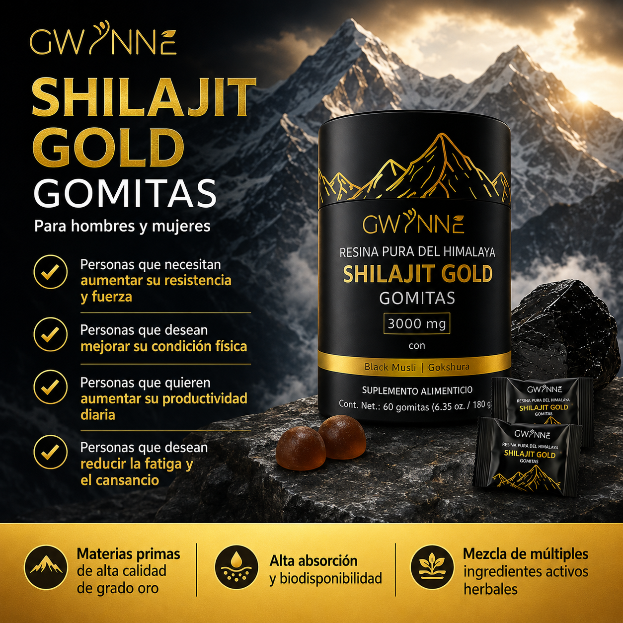 Gwynne Shilajit Gummies Puro Del Himalaya 85 Micronutrientes 3000mg Apto Para Hombres Y Mujeres 100% Natural Orgánico 60 Gommies