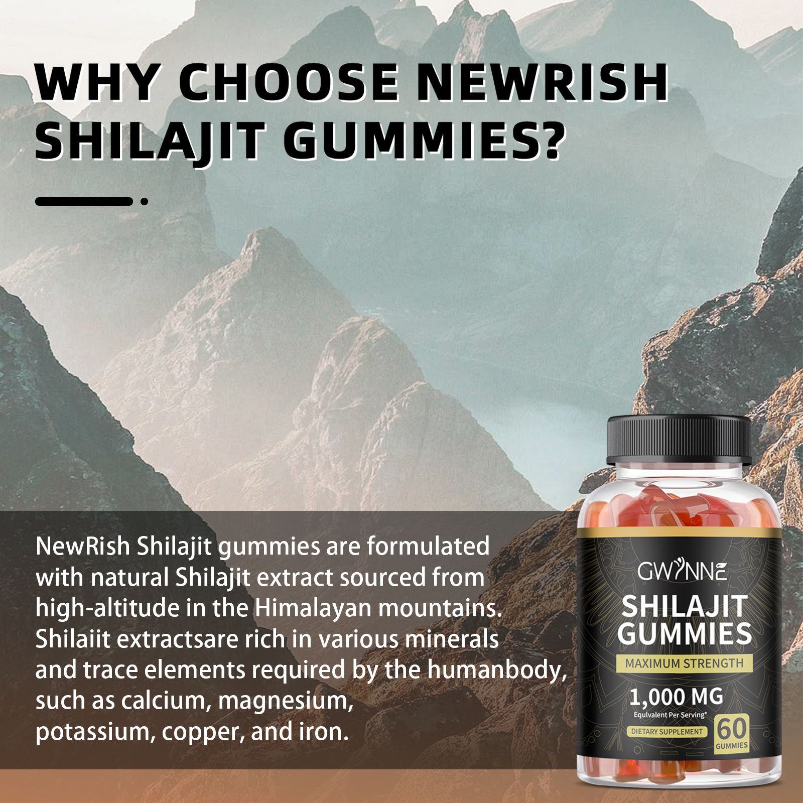 Gomitas De Shilajit 60 Unidades Sabor A Frambuesa Y Sandía Gwynne 1000mg