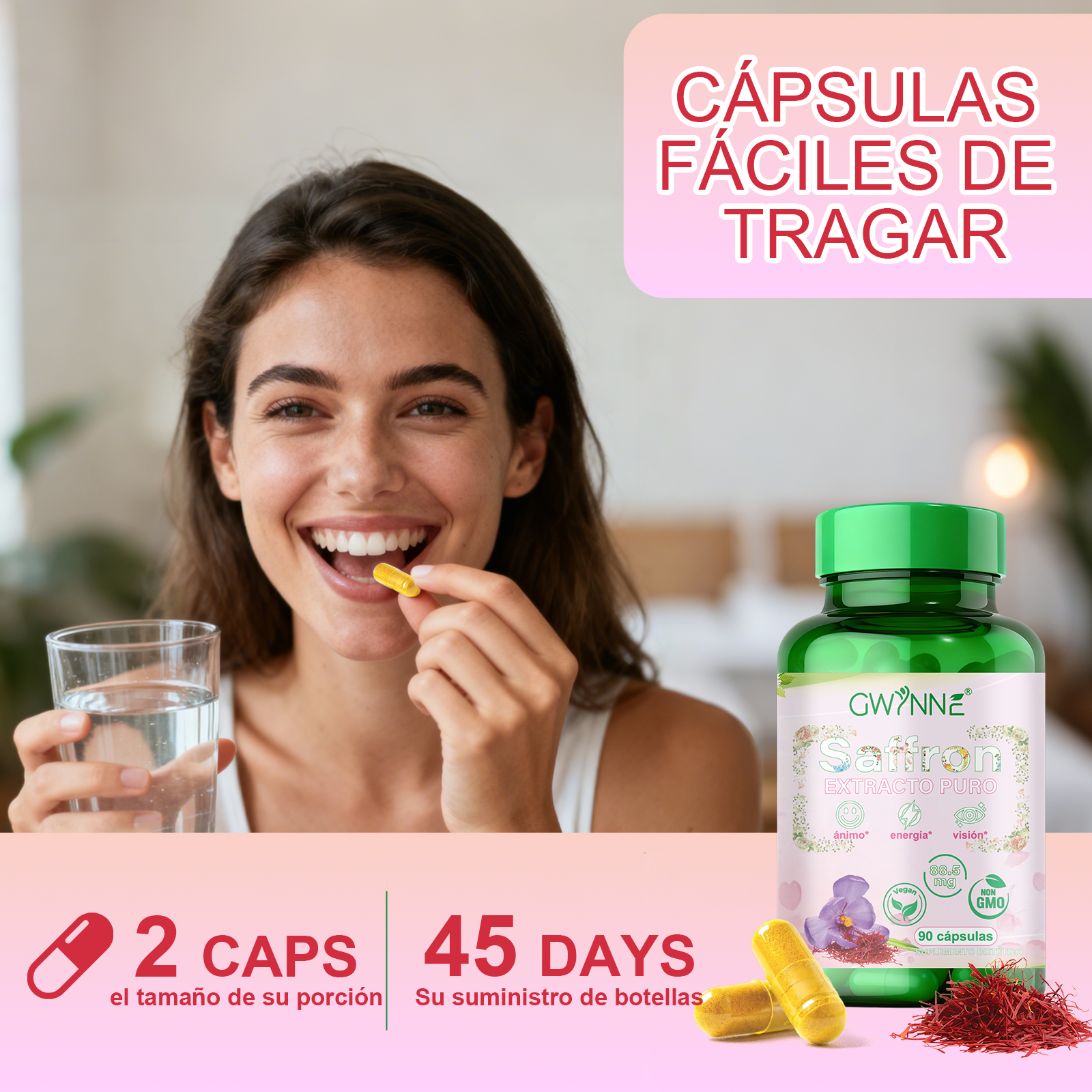 Gwynne Azafrán Puro Orgánico 88.5mg,extracto De Saffron Feliz Para Aumentar La Energía Y El Estado De Ánimo,apoyar La Salud Ocular,90 Cápsulas