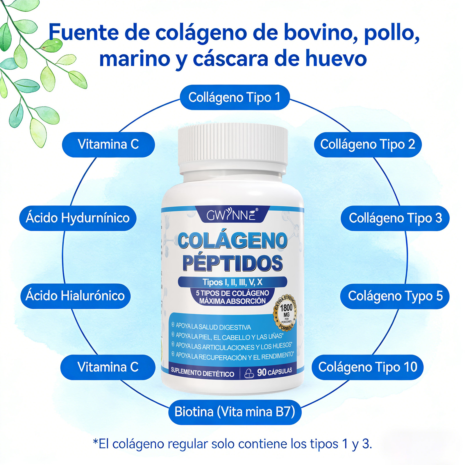Gwynne Péptidos De Colágeno Múltiples 1800 Mg Complejo 90 Cápsulas-tipo I,ii,iii,v,x Complejo De Colágeno Premium Para Una Mejor Piel Y Cabello,articulación Fuerte,proteína Hidrolizada