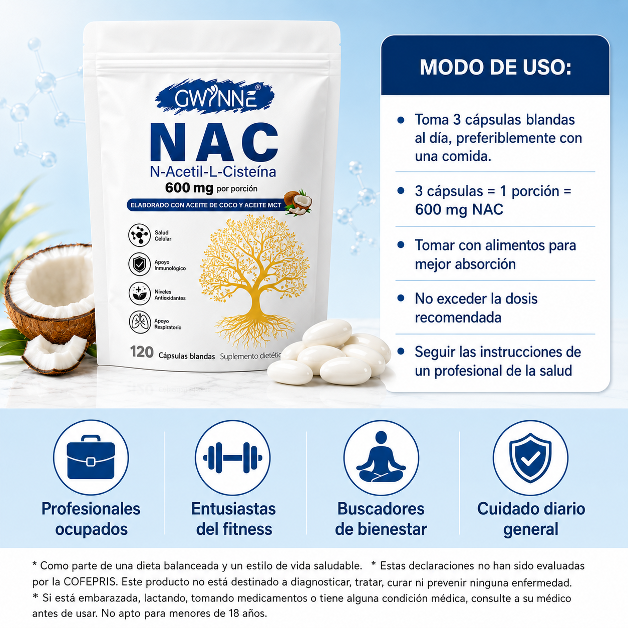 Gwynne Nac N-acetil-l-cisteína 600mg 120 Cápsulas, Con Dinucletido De Adenina Y Nicotinamida,apoyo Antioxidante,inmunológico Y Respiratorio
