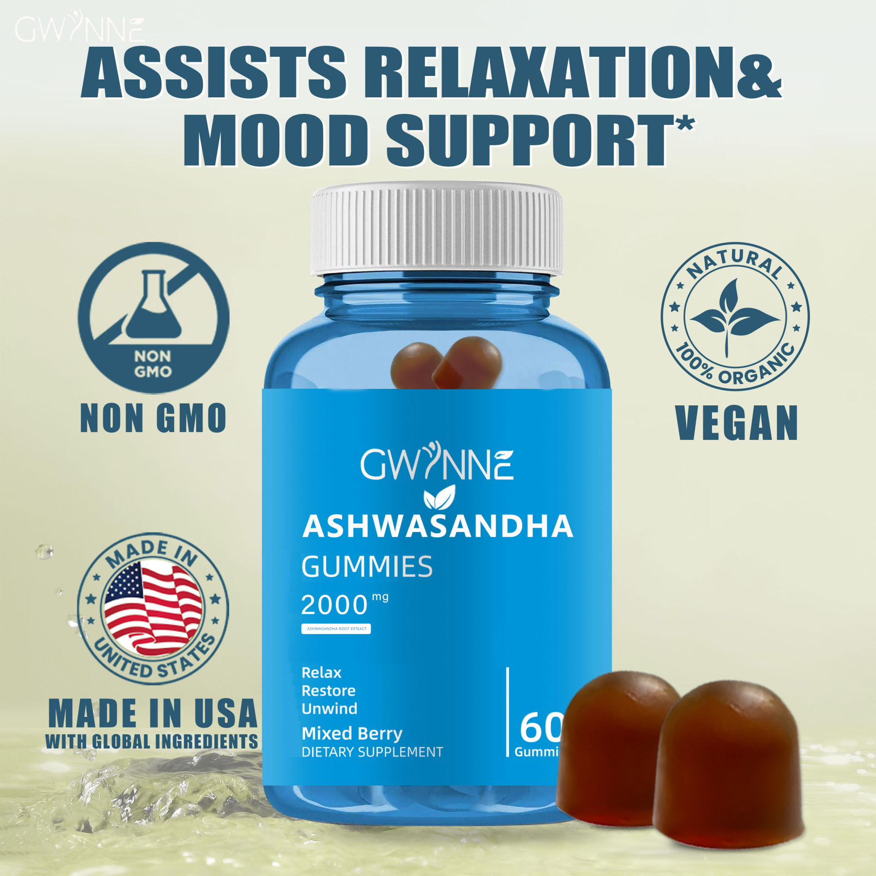 Gwynne Gominolas De Vitaminas Con Sabor A Bayas Mixtas,reduce El Estrés, Favorece El Sueño Y Mejora La Calidad De Vida 60 Gominolas