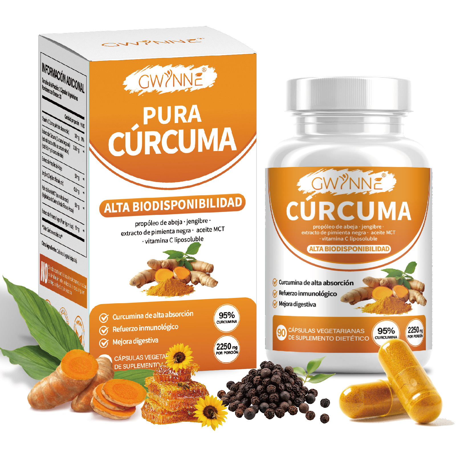 Gwynne Curcumin Turmeric 2250mg 90 Capsules- Curcuminoides Al 95% Con Extracto Orgánico De Cúrcuma ,gengibre,pimienta Negra Y Extracto De Propólis De Abejas,apoyo Diario A La Salud Articular E Inmune