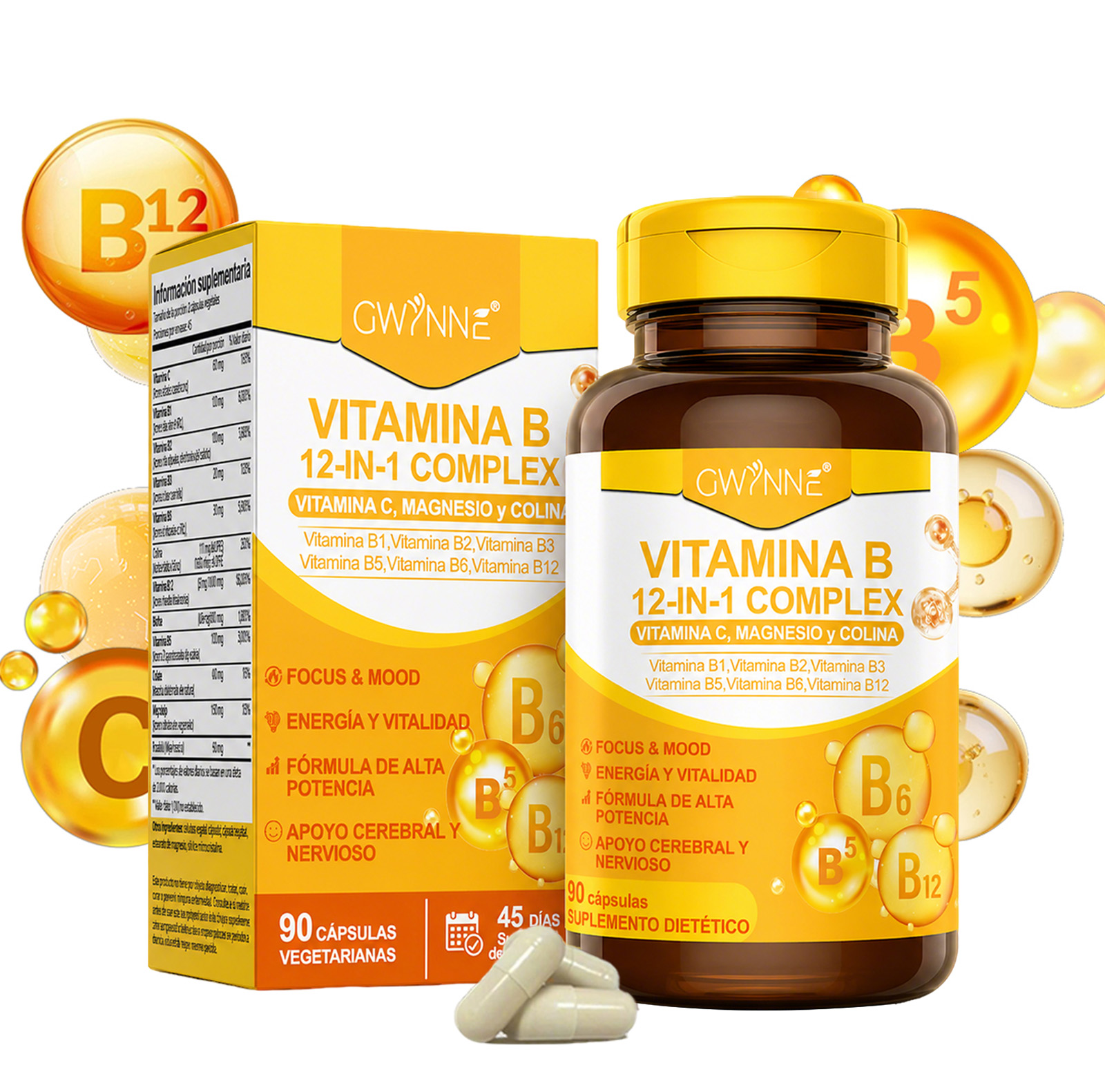 Gwynne Complejo De Vitamina B,receta 12 En 1,con Vitamina C,b2,b12,b1,b3,b5,b6,colina,magnesio Y Inositol, Apoyo Energía,cerebral Y Cardíaco,90 Cápsulas