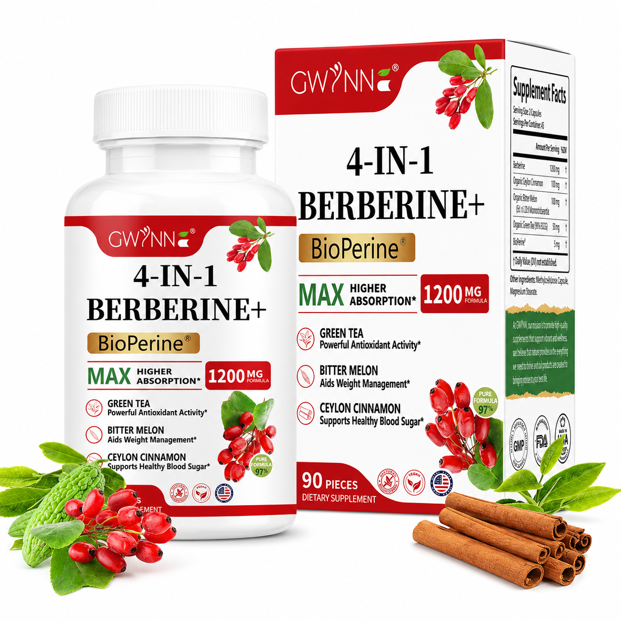 Gwynne 4 En 1 Berberina Y Bioperine 1200mg Con Melón Amargo,canela De Ceilán Y Extracto De Té Verde,apoyo A La Salud Del Corazón,sistema Inmunológico,gi Saludable,90 Cápsulas