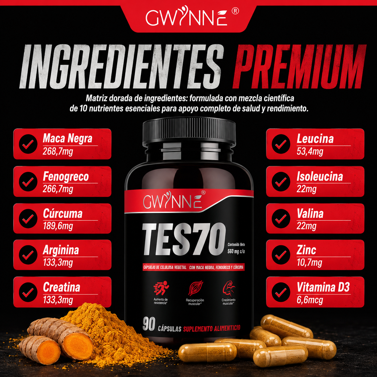 Gwynne Tes70 560mg Con Maca Negra,fenogreco,creatina Y Cúrcuma,aumento De Resistencia, Recuperación Muscular Y Crecimiento Muscular,90 Cápsulas