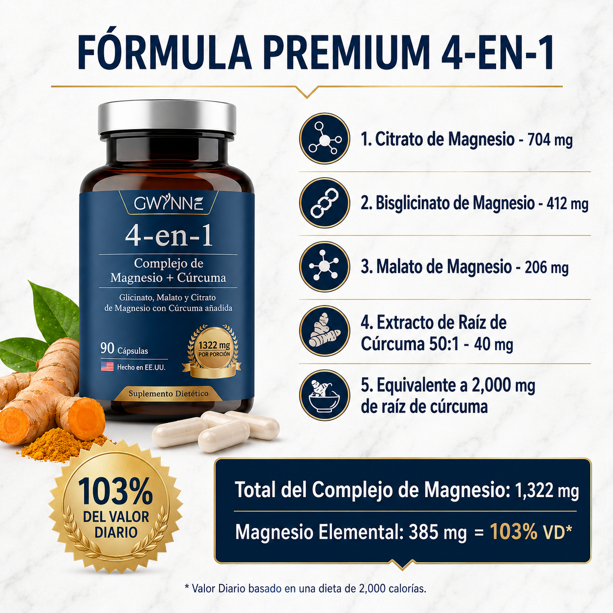 Gwynne 4 En 1 Triple Magnesium Complex:1322mg De Glicinato De Magnesio,malato De Magnesio Y Citrato De Magnesio,2000 Mg De Curcumina,para Fortalecer Los Músculos,los Nervios Y La Energía 90 Cápsulas