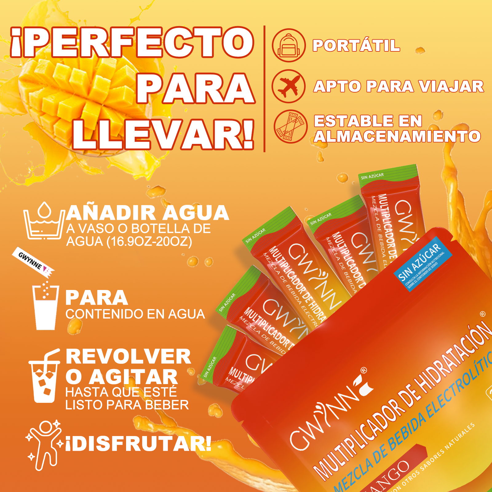 Gwynne Multiplicador De Hidratacion Mezcla De Bebida Electrolitica,supercalm Nutricional Bebidas Mixtas En Polvo Con Sodio ,vitamina C Y B12,sabor A Mango 20 Unidade