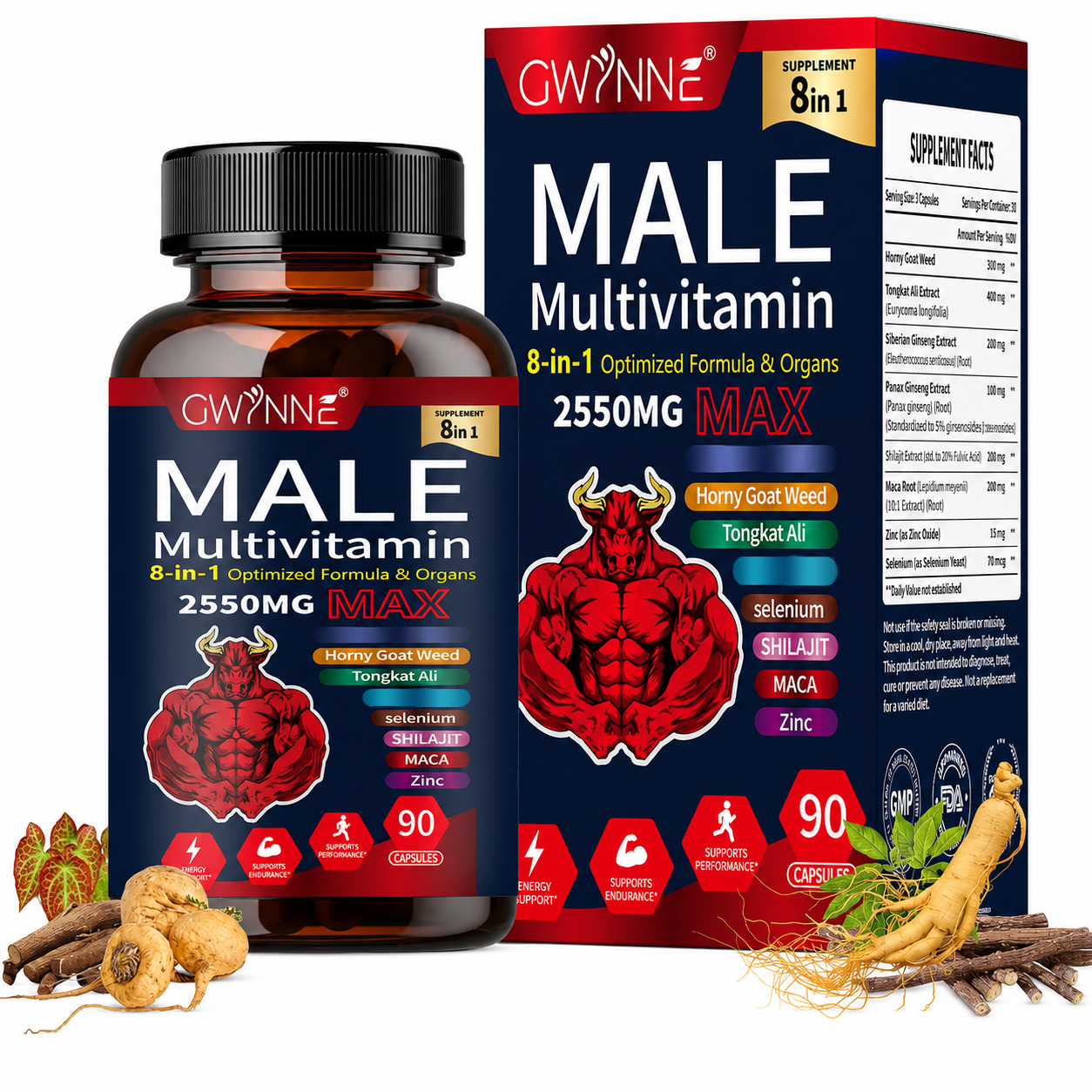 Gwynne Multivitamina Para Hombre 90 Cápsula,8 En 1 Multivitaminas Para Hombres Diarias 2550 Mg Max Con Zinc,shilajit,horny Goat Weed,etc,apoyo A La Energía Físicas