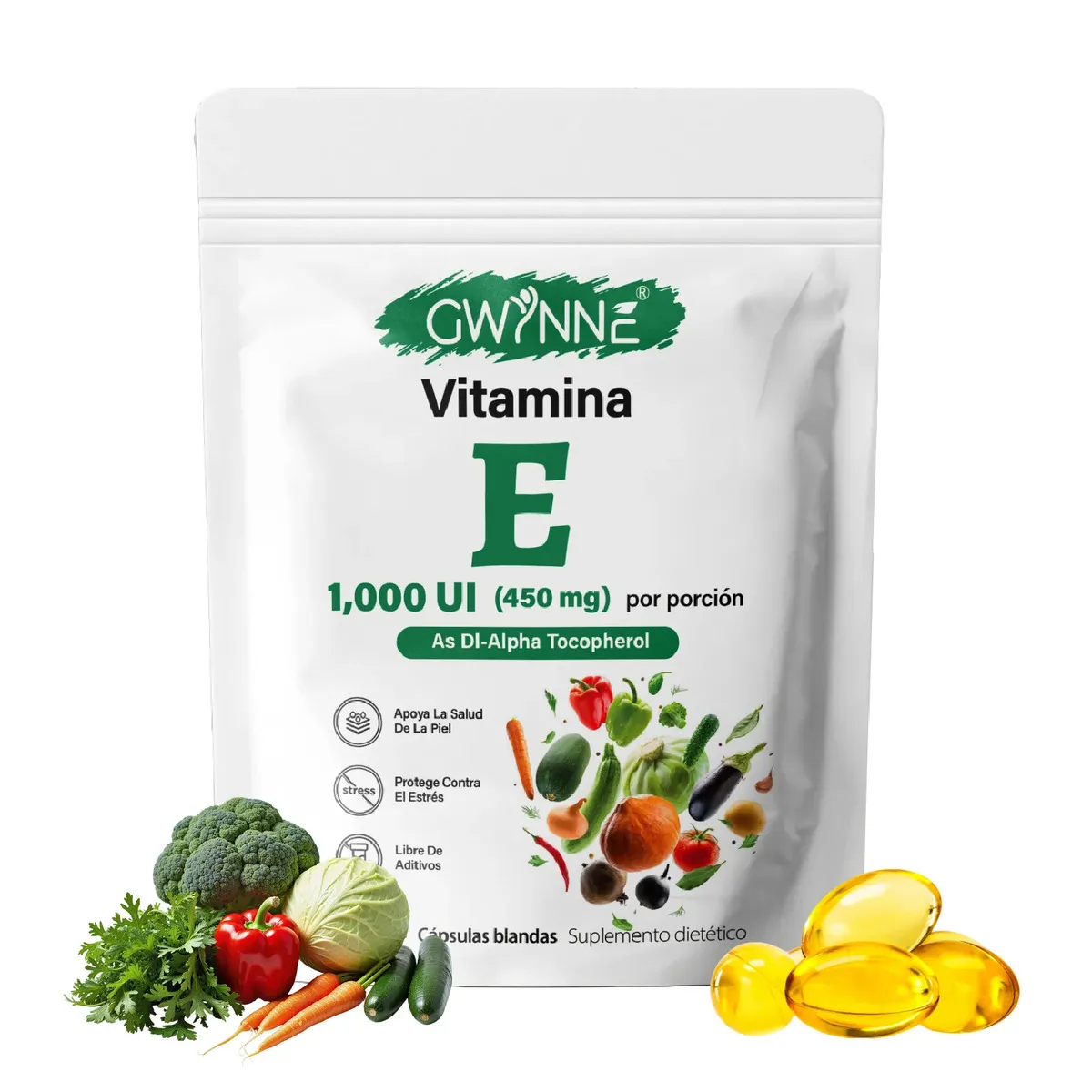 Gwynne Vitamina E 1000 Ui (450mg),as Dl-alpha Tocopherol, Apoyo Aliviar El Estrés,antioxidante Y Salud De La Piel,120 Cápsulas