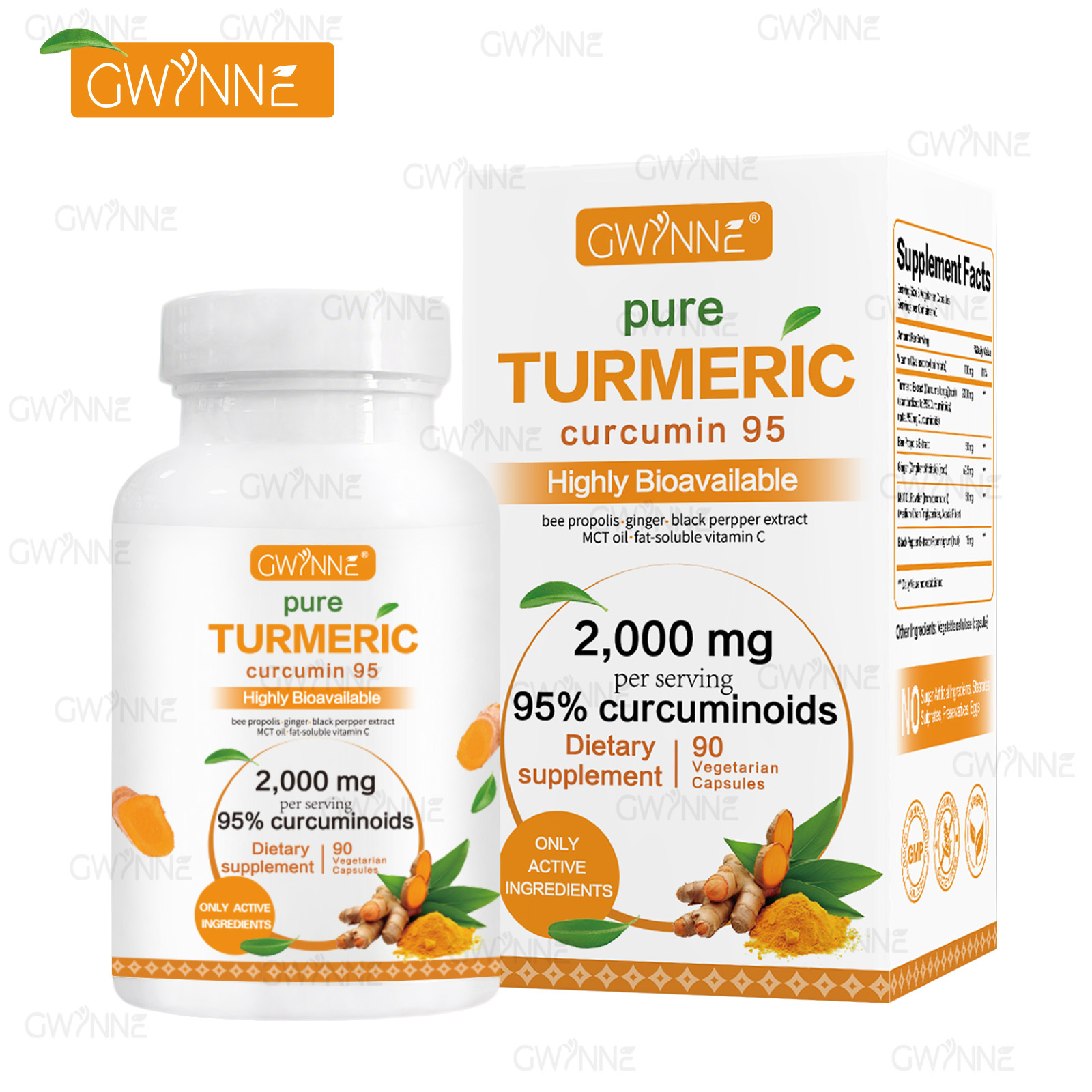 Gwynne Turmeric Cúrcuma 2000mg Con Extracto De Raíz De Cúrcuma Estandarizada Al 95% Y Pimienta Negra Al - Suplemento Alimenticio,Antioxidantes 90 Cápsulas