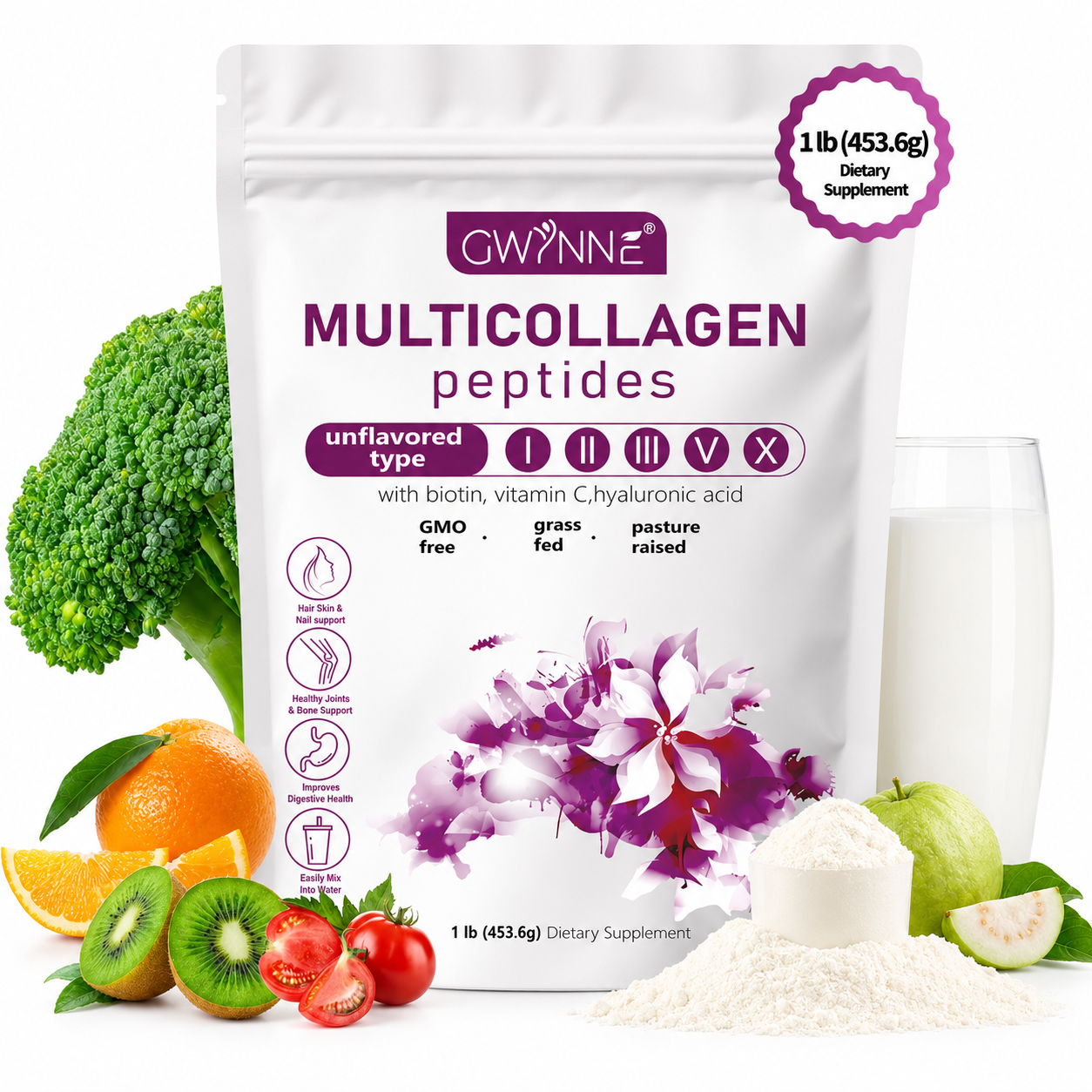 Gwynne Multi Collagen Peptides Powder 1lb 453.6g,con proteina,colageno,Biotina,vitamin C Y Hyaluronic Acid,apoya La Salud Del Cabello, La Piel Y Las Articulaciones