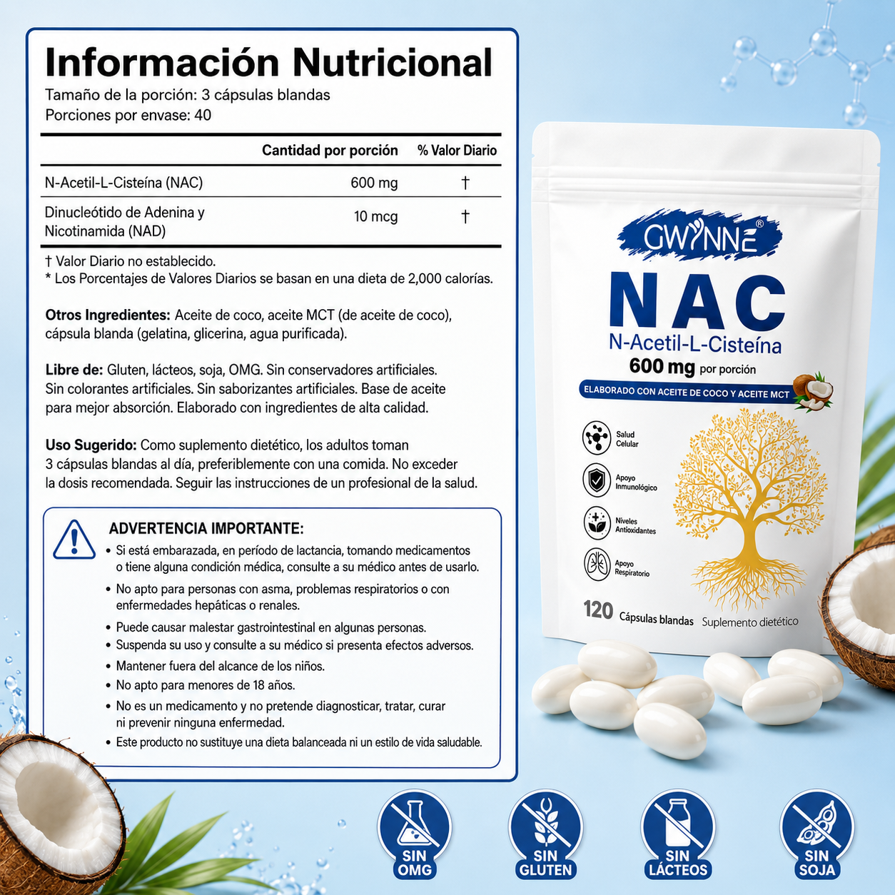 Gwynne Nac N-acetil-l-cisteína 600mg 120 Cápsulas, Con Dinucletido De Adenina Y Nicotinamida,apoyo Antioxidante,inmunológico Y Respiratorio