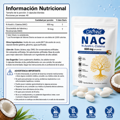 Gwynne Nac N-acetil-l-cisteína 600mg 120 Cápsulas, Con Dinucletido De Adenina Y Nicotinamida,apoyo Antioxidante,inmunológico Y Respiratorio