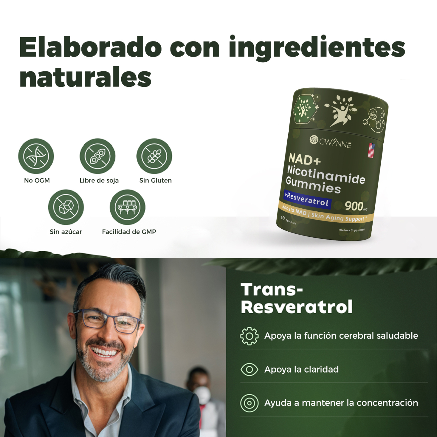 Gwynne Nad+ Suplemento Liposomal De Nicotinamida Ribosida Con Resveratrol Y Quercetina Y NAD 900mg 60 Gominolas