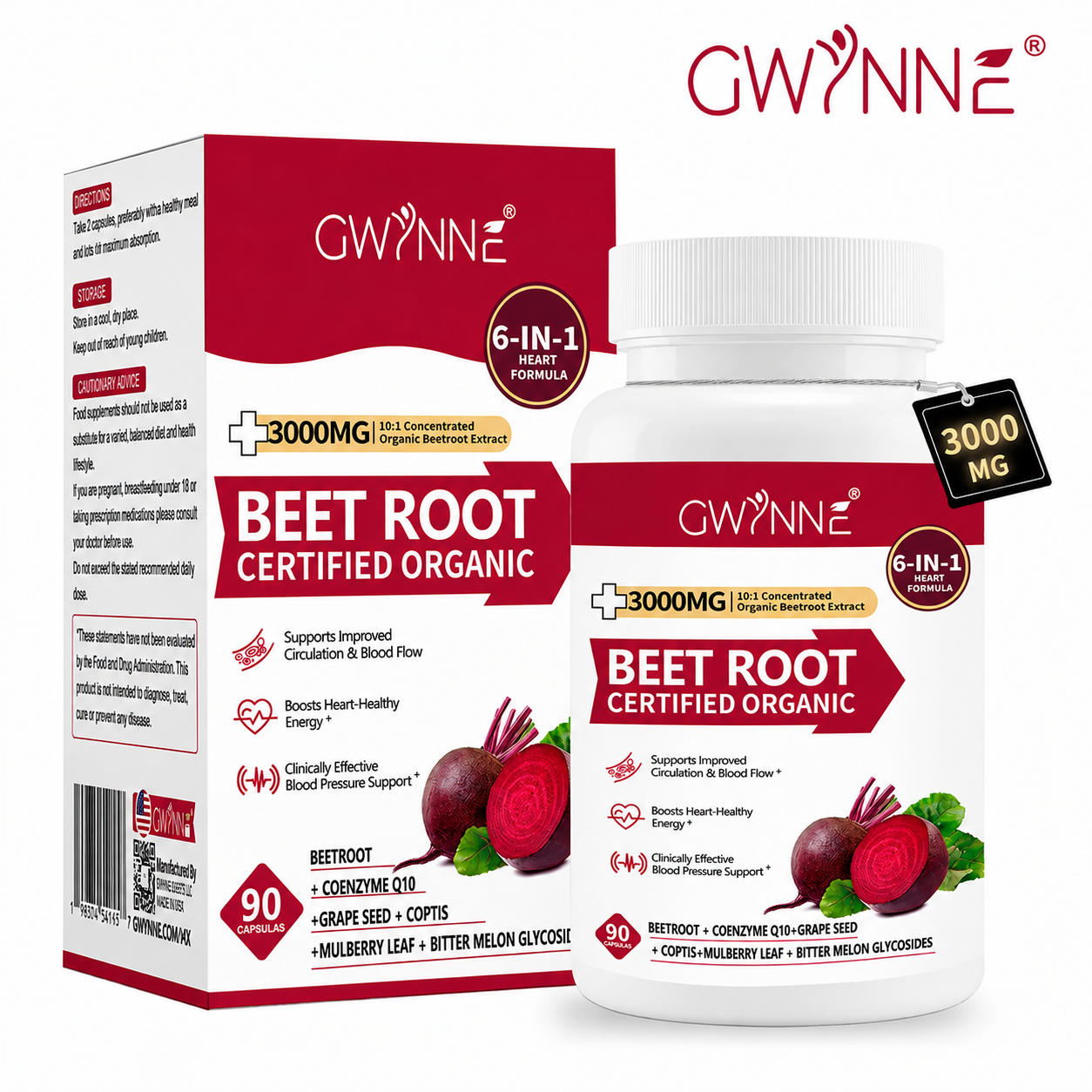 Gwynne Organic Beet Root Capsules 3000mg 90 Cápsulas Con Coq10,remolacha En Polvo Soporta Lmproved Circulación Y Flujo Sanguíneo,proporcionar Soporte Cardíaco Y De Presión Arterial
