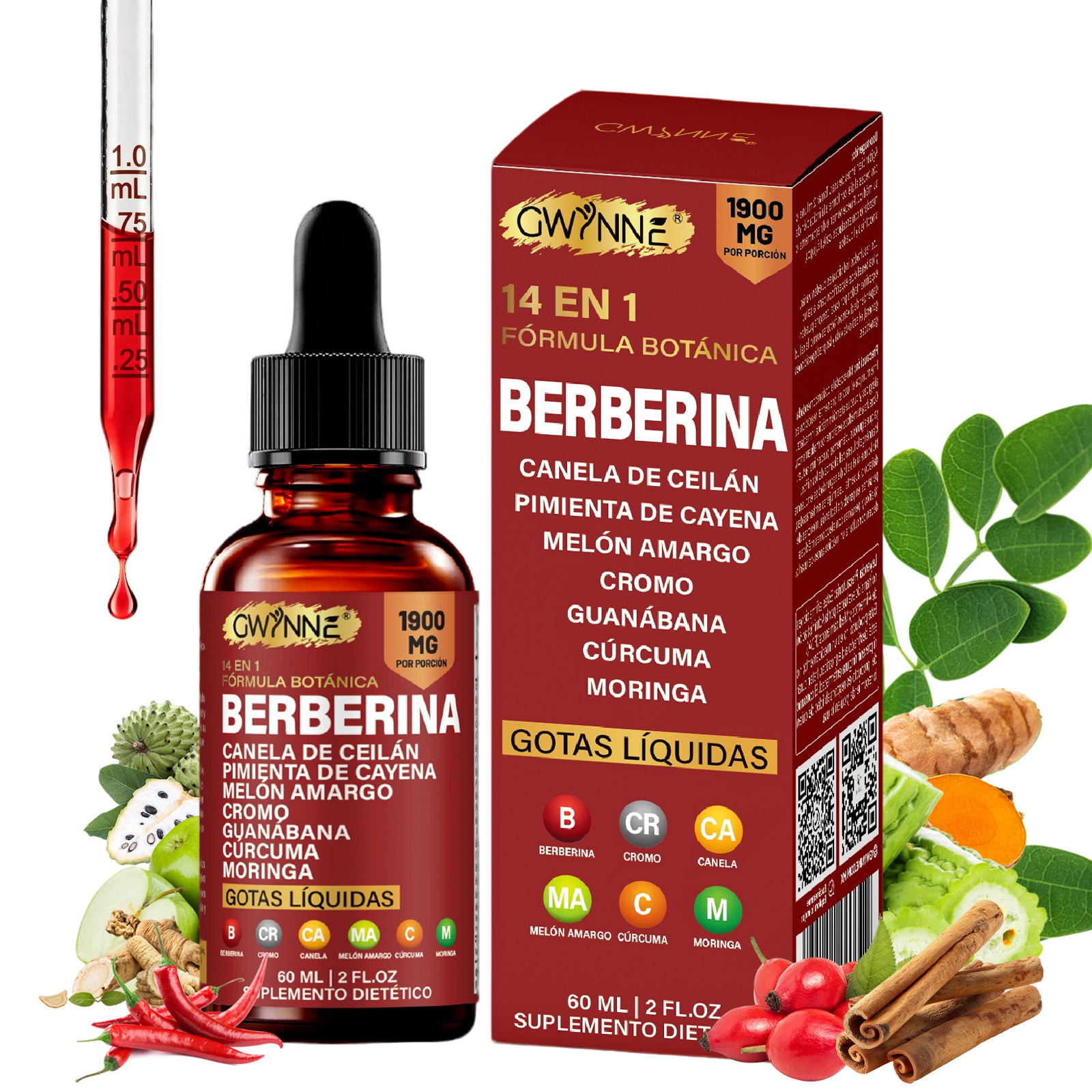 GWYNNE Suplemento Dietético Gotas Líquidas de Berberina 60ml 14 en 1 Fórmula 1900 mg,con Pimienta Cayenne,Canela de Ceilán,Melón Amargo,Cúrcuma y Moringa