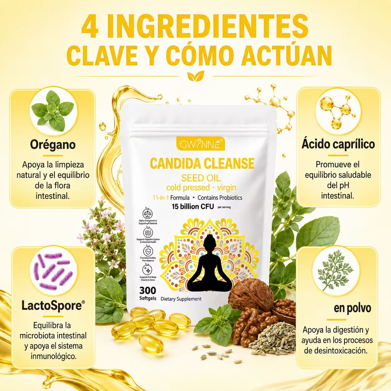 Gwynne Candida Cleanse Seed Oil Cápsulas,hierbas Naturales Para La Desintoxicación Intestinal Con 15 Billion Cfu,300 Cápsulas,11-in-1 Formula Con Hoja De Orégano,ácido Caprílico Y Probiotics