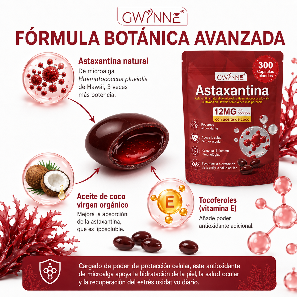 Gwynne Astaxantina 12 Mg 300 Cápsulas Blandas Antioxidante,astaxantina Antioxidant From Fresh Haematococcus Pluvialis,apoya La Salud Ocular, Articular Y Cutánea