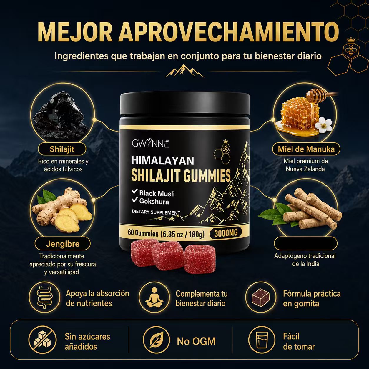 Gwynne Shilajit Gummies 3000mg Para Hombres Y Mujeres 60 Gummies: Shilajit Gummies Puro Del Himalaya Ácido Fúlvico Y 85+ Oligoelementos Sin Azúcar Añadido
