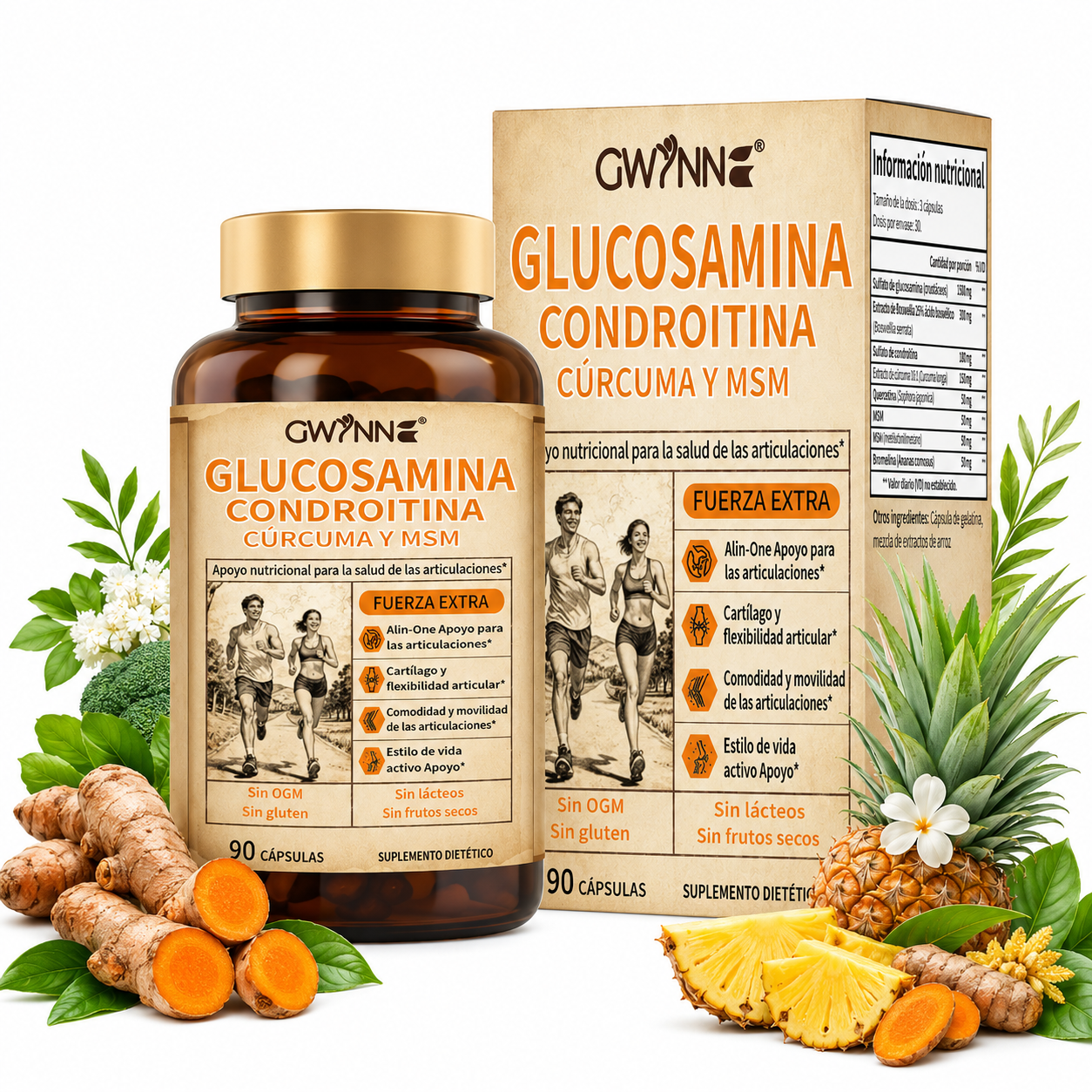 Glucosamina Complex | Glucosamina 1500mg, Condroitina, Msm Alta Potencia,curcumina,quercetina| Articulaciones Y Huesos | GWYNNE Vitaminas Mujer Y Hombre 90 Cápsulas