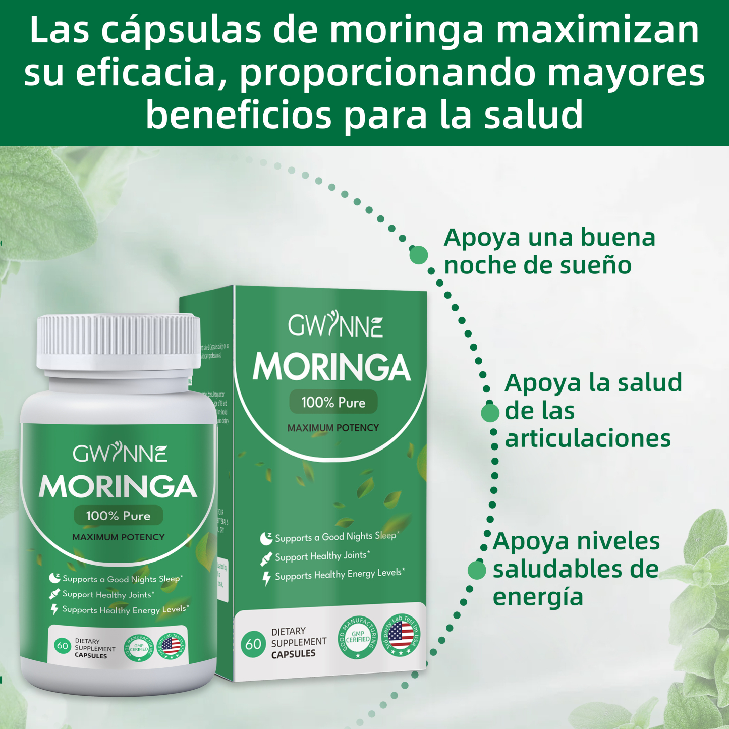 60 Cápsulas Gwynne Moringa Super Alimento Verde Puro Frasco Con Sin Sabor