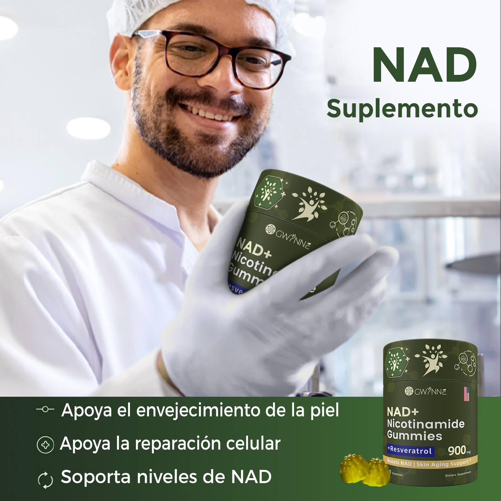 Gwynne Nad+ Suplemento Liposomal De Nicotinamida Ribosida Con Resveratrol Y Quercetina Y NAD 900mg 60 Gominolas