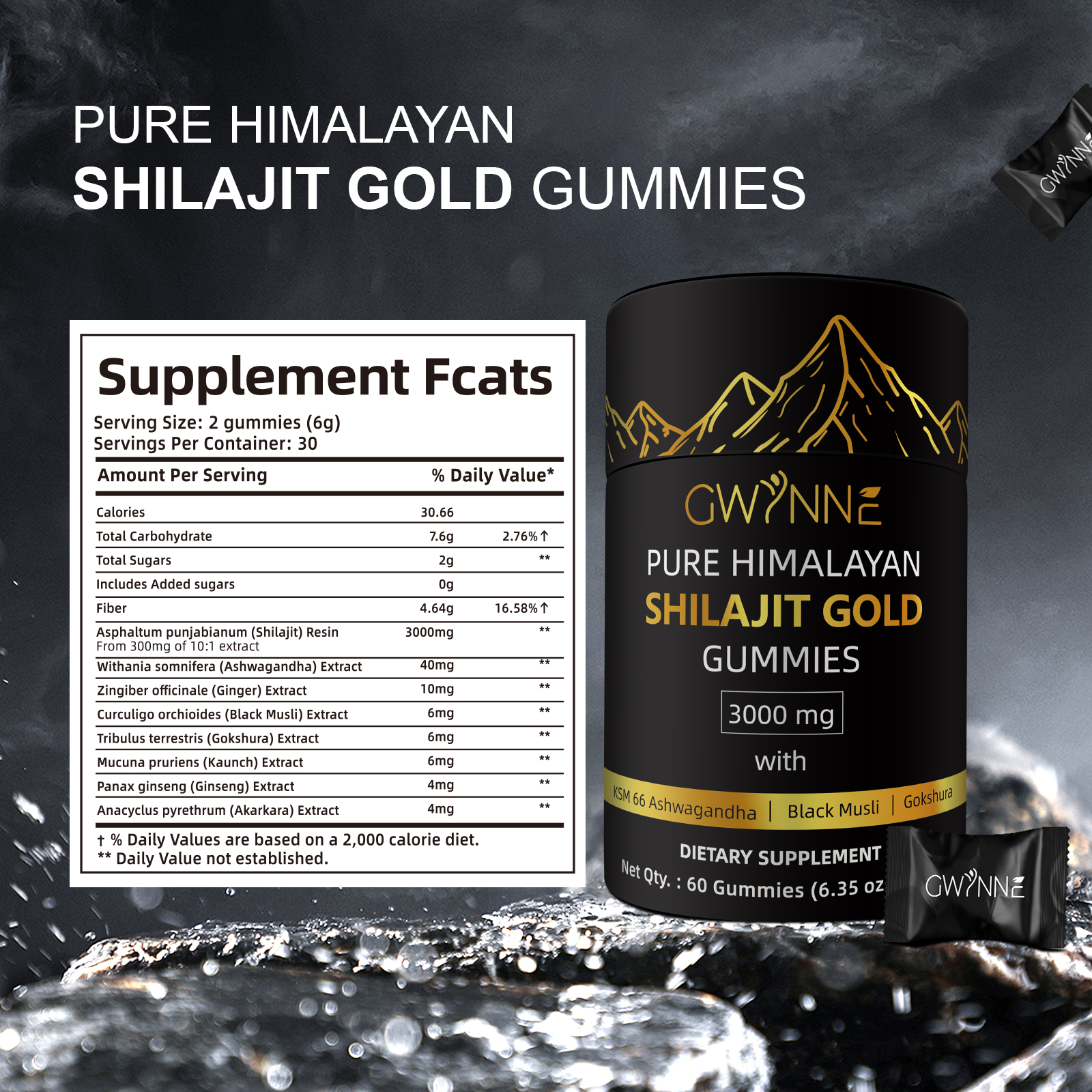 Gwynne Shilajit Gummies Puro Del Himalaya 85 Micronutrientes 3000mg Apto Para Hombres Y Mujeres 100% Natural Orgánico 60 Gommies