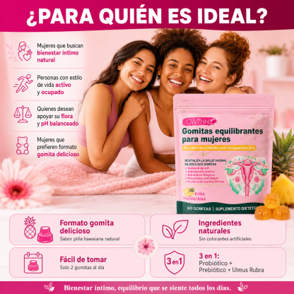 Gwynne Gomitas Probióticos Vaginales Y Balance Para Mujer, Sabor Piña Hawaiana, Soporta El Equilibrio Del Ph,60 Gomita