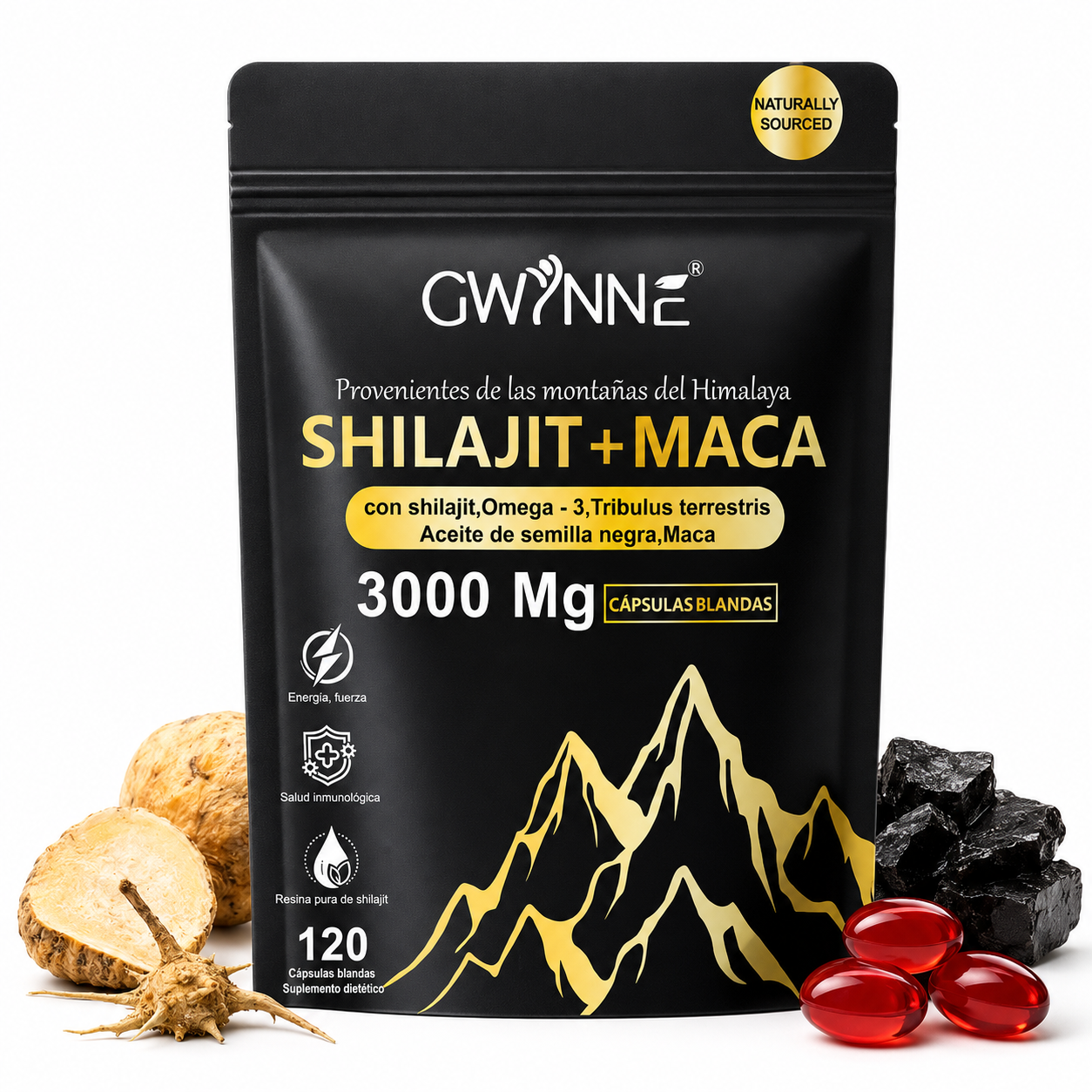 Gwynne Shilajit + Maca Del Himalaya 120 Cáps,con Shilajit 3000mg,omega-3,tribulus Y Maca,salud Cardio-cerebra,aumento De Energia,antiinflamatorio Y Antioxidante