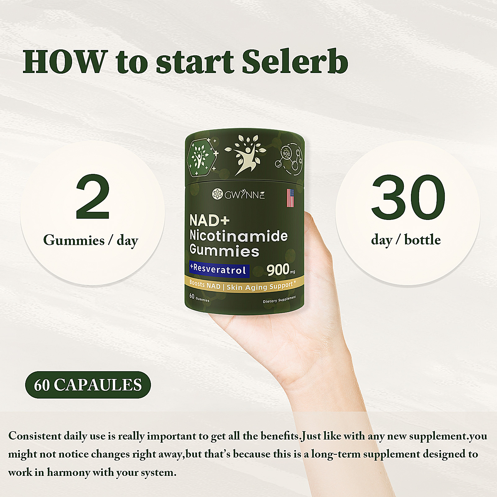 Gwynne Nad+ Suplemento Liposomal De Nicotinamida Ribosida Con Resveratrol Y Quercetina Y NAD 900mg 60 Gominolas