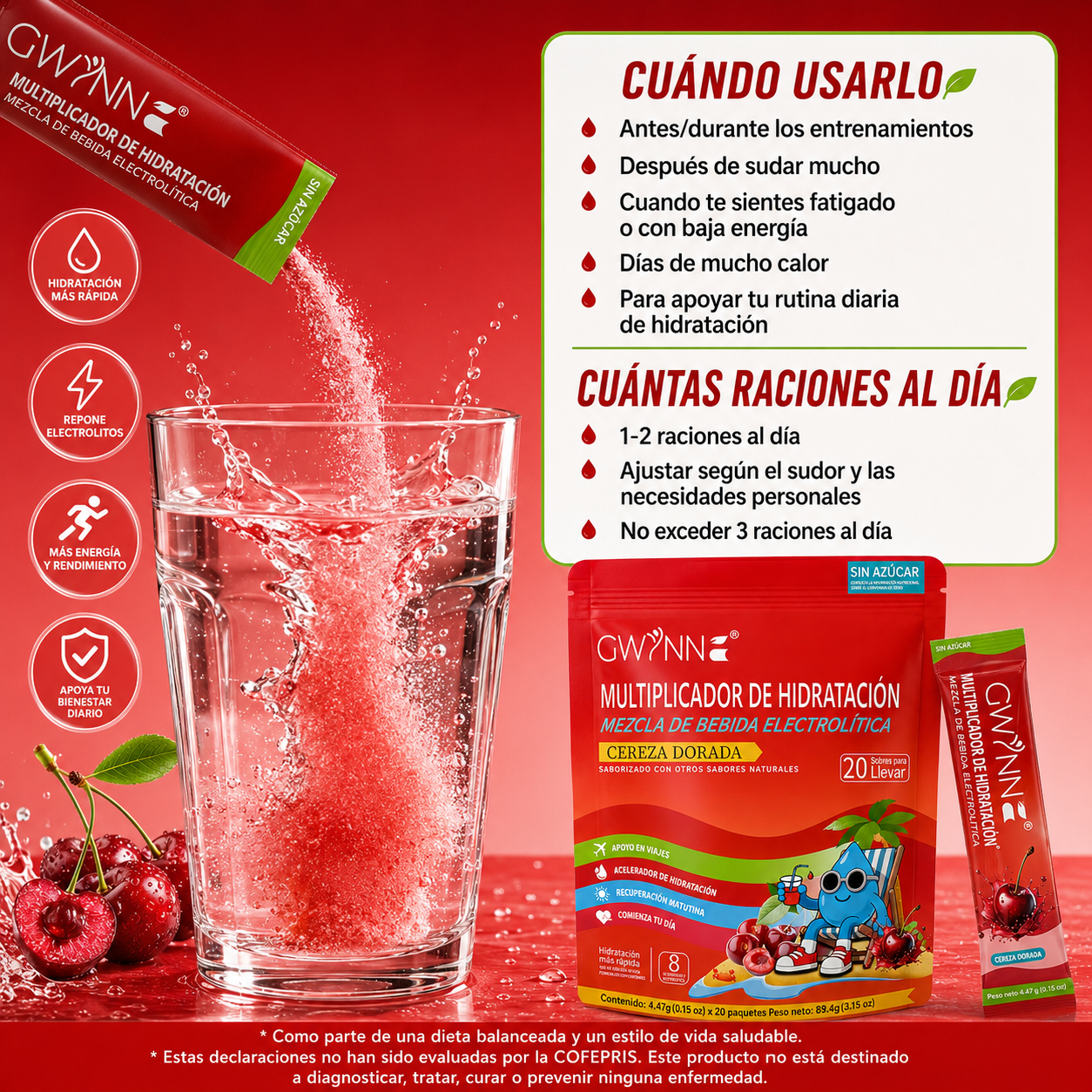 Gwynne Multiplicador De Hidratacion Mezcla De Bebida Electrolitica,supercalm Nutricional Bebidas Mixta En Polvo Con Sodio,vitamina C Y B12,sabor A Cereza 20 Unidade