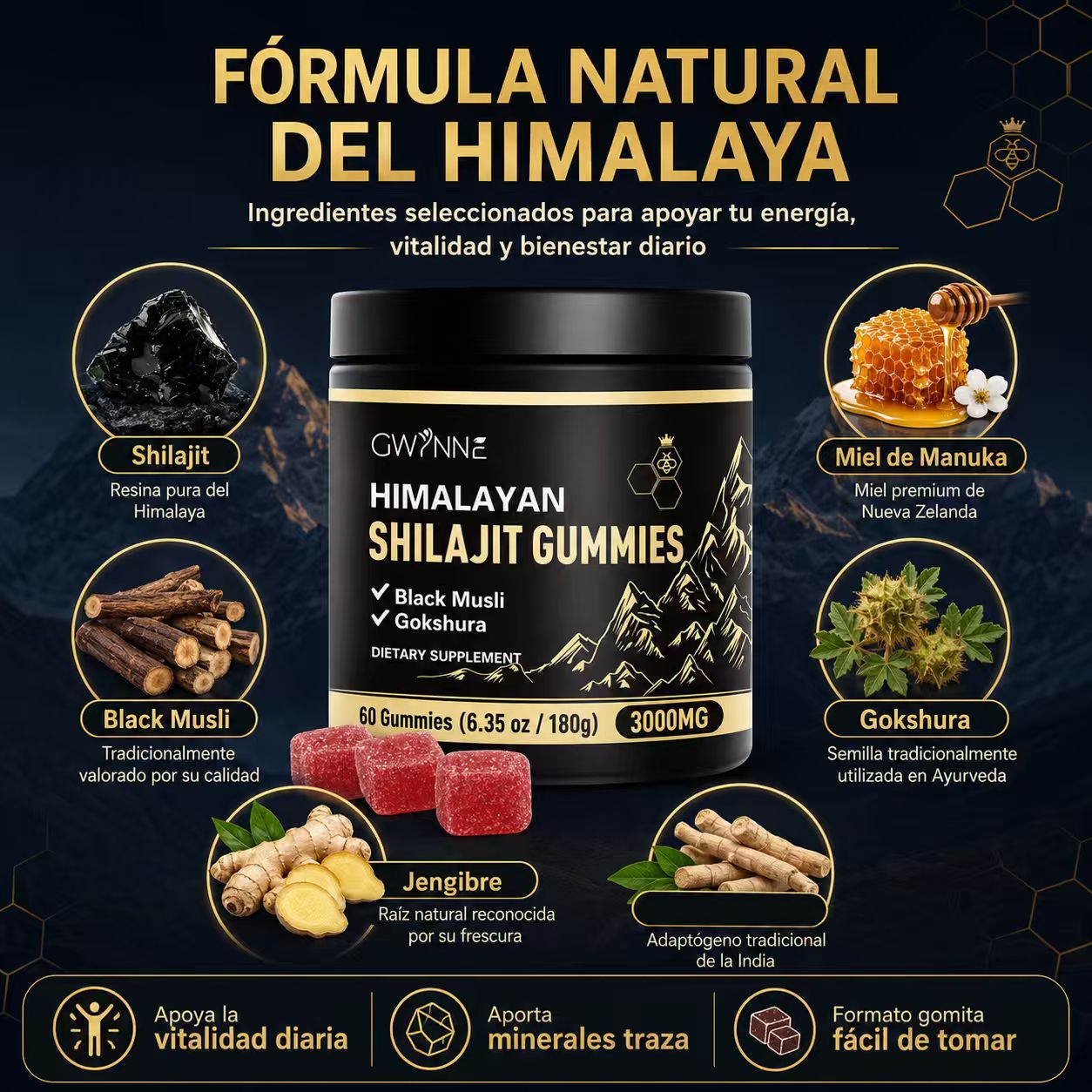 Gwynne Shilajit Gummies 3000mg Para Hombres Y Mujeres 60 Gummies: Shilajit Gummies Puro Del Himalaya Ácido Fúlvico Y 85+ Oligoelementos Sin Azúcar Añadido