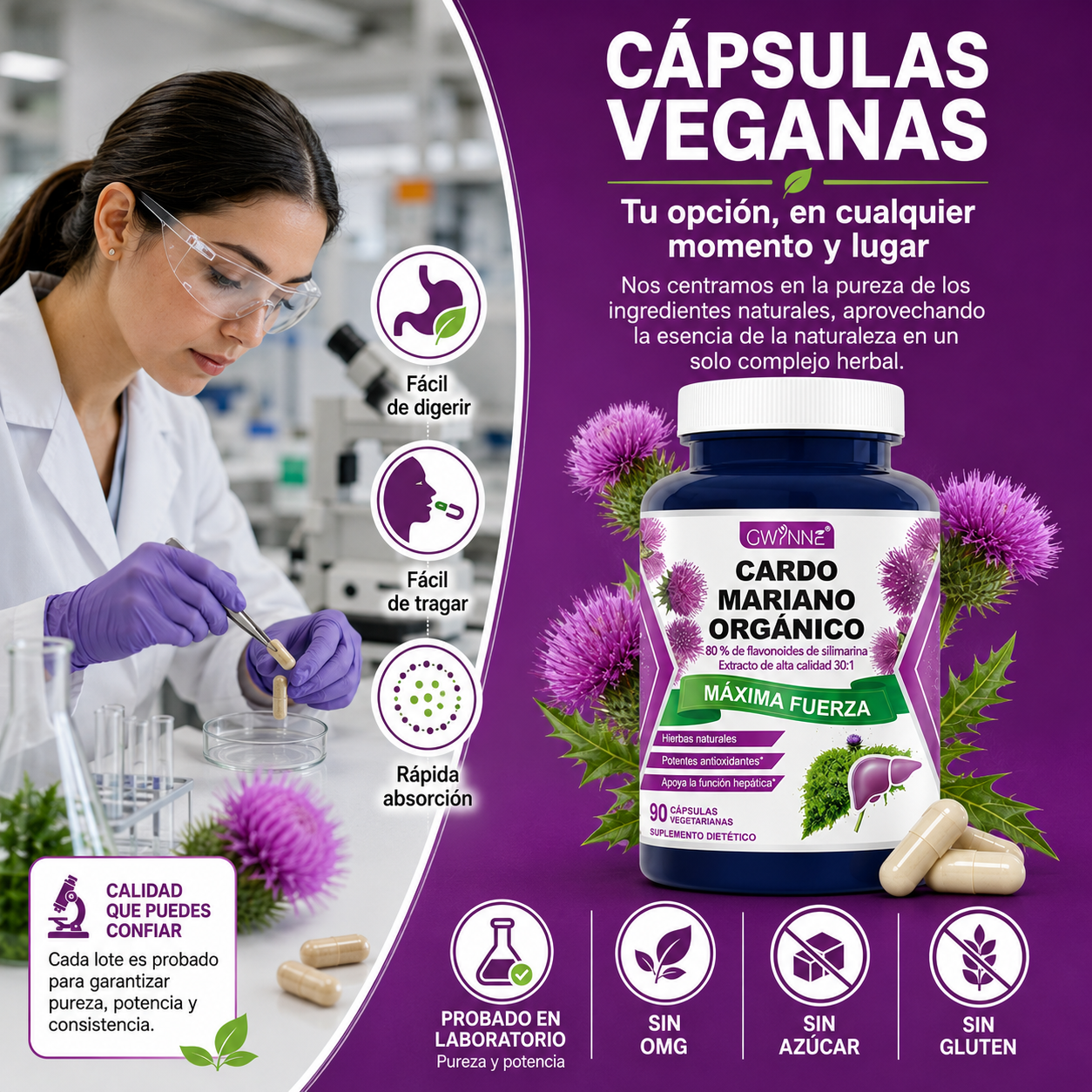 Gwynne Cardo Mariano Orgánico Cápsulas,silymarin Milk Thistle 30:1 Extracto,apoyo A La Desintoxicación Y Reparación Del Hígado,apoyo A Los Antioxidantes,muscular Y Óseo,90 Cápsulas