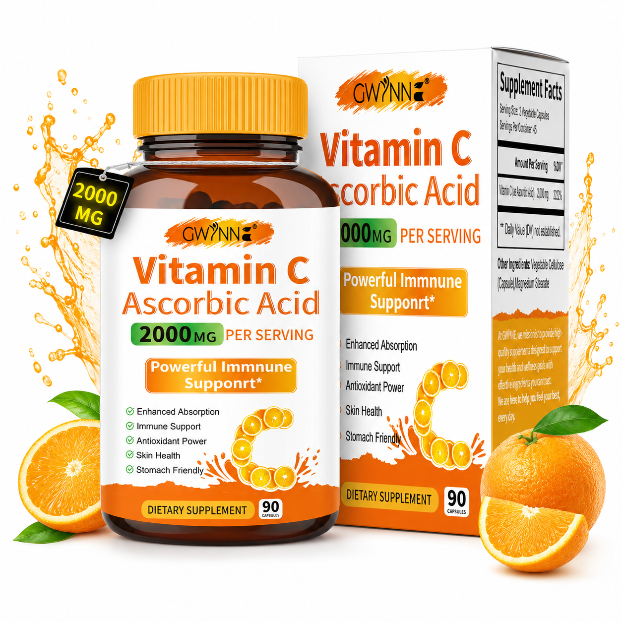 Gwynne Ácido Ascórbico Puro De Vitamina C 2000mg,90 Cápsulas,formas Solubles En Grasa Y Agua Altamente Biodisponibles,antioxidante Y Suplemento De Apoyo Inmunológico