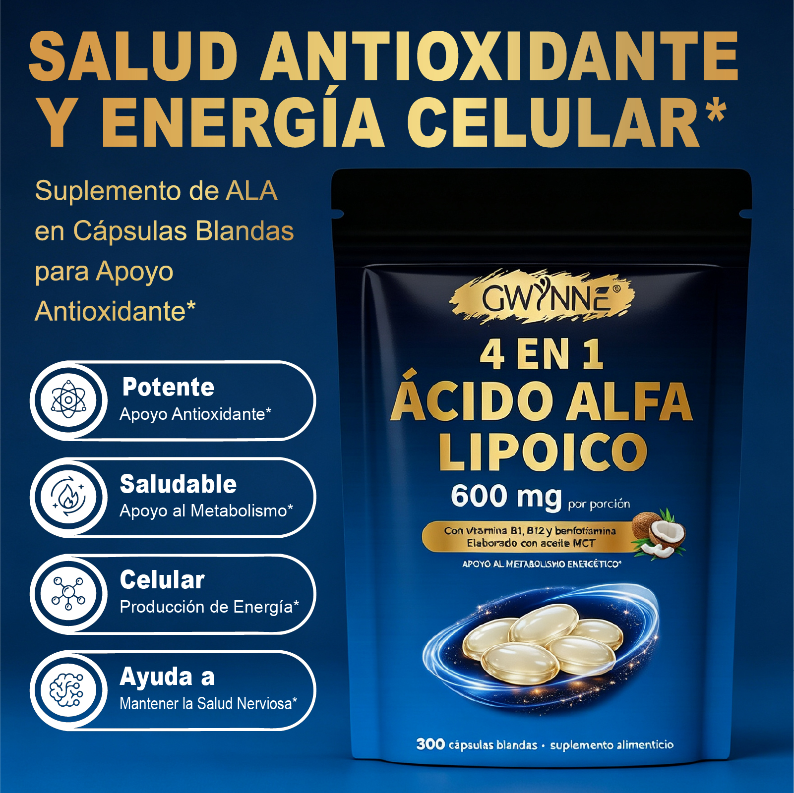 Gwynne 4 En 1 Ácido Alfa Lipoico 600mg 300 Cápsulas blandas,suplemento Antioxidant,con B1,b12 Y Benfotiamina 
