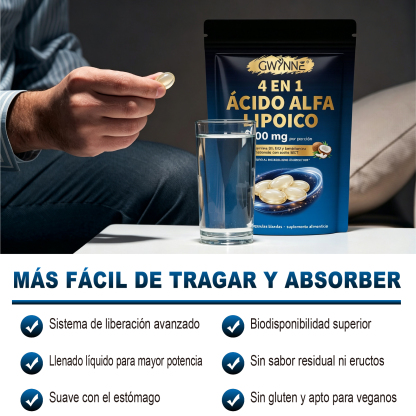 Gwynne 4 En 1 Ácido Alfa Lipoico 600mg 300 Cápsulas blandas,suplemento Antioxidant,con B1,b12 Y Benfotiamina 