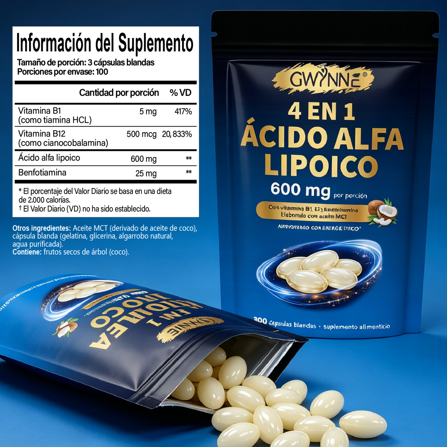 Gwynne 4 En 1 Ácido Alfa Lipoico 600mg 300 Cápsulas blandas,suplemento Antioxidant,con B1,b12 Y Benfotiamina 