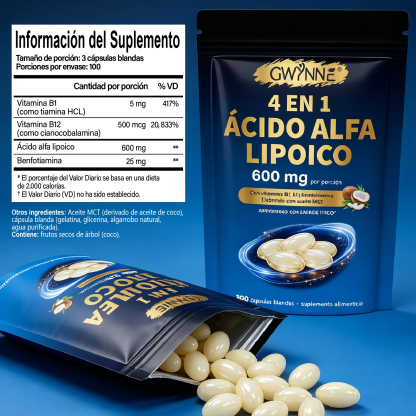 Gwynne 4 En 1 Ácido Alfa Lipoico 600mg 300 Cápsulas blandas,suplemento Antioxidant,con B1,b12 Y Benfotiamina 