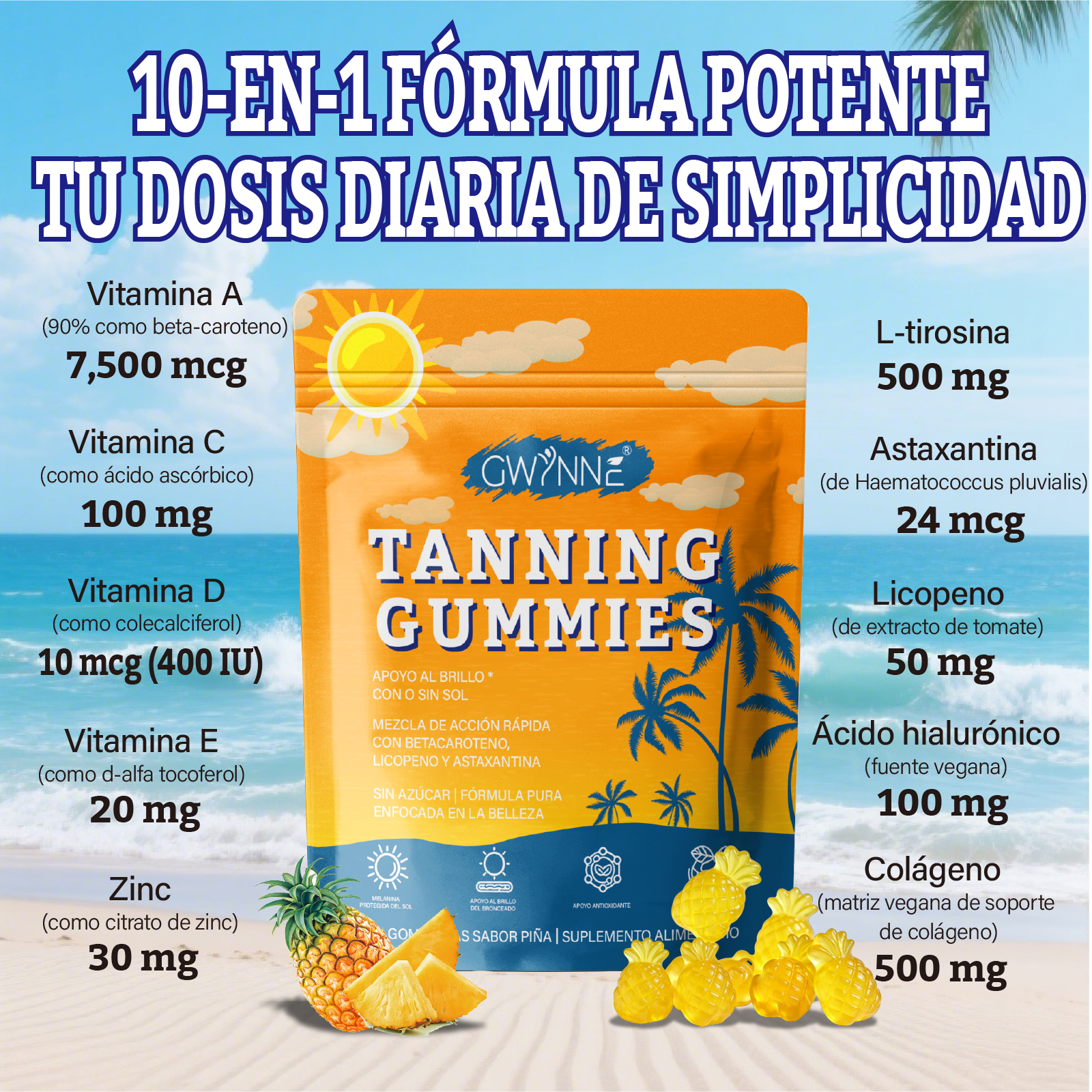 Gwynne Tanning Gummies Para Mujeres Y Hombres,con Astaxantina,licopeno,colágeno Y Vitaminas,radiancia E Hidratación De La Piel,60 Gummie