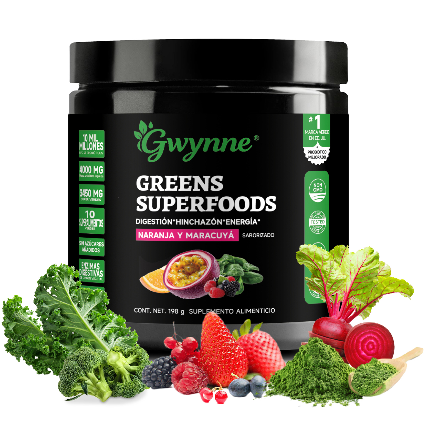 Gwynne Greens Superfoods En Polvo,Con Probióticos Y Enzimas,mezcla De Bebidas Orgánicas De Frutas Y Verduras,198g