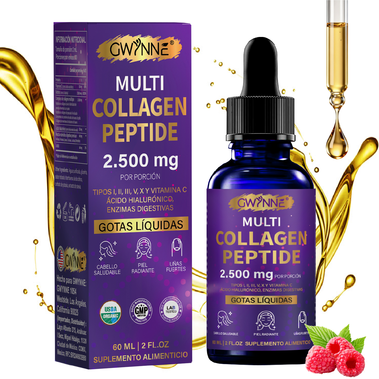 Gwynne Péptidos de Colágeno Múltiples Gotas 2500 mg,con Biotina y Ácido Hialurónico, complemento para el cuidado diario del cabello,la piel y las articulaciones,60ml