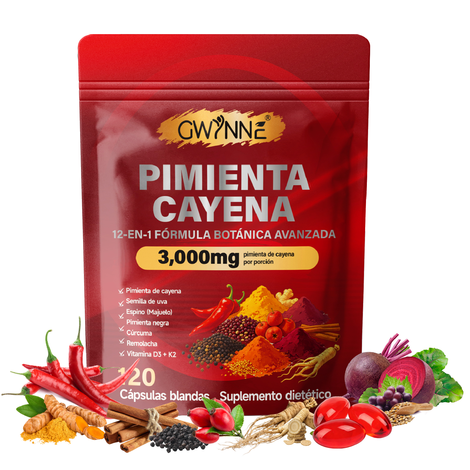 Gwynne Pimienta Cayenne 3000mg 120 Cápsula,suplemento 12 En 1 Con Vitaminas D3,k2 Y E,apoya La Circulación Saludable Y La Energía Diaria,características Berberina,remolacha Y Cúrcuma