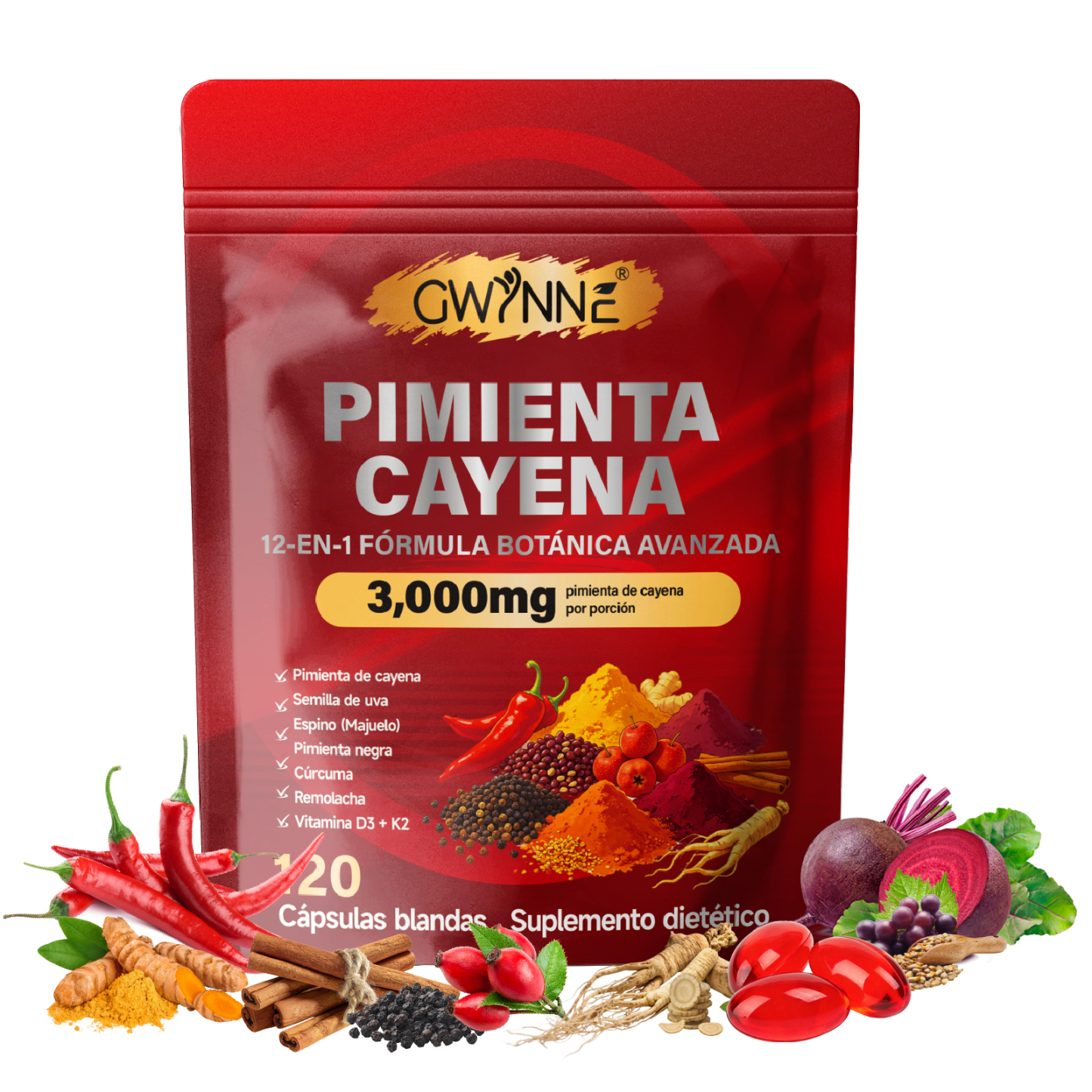Gwynne Pimienta Cayenne 3000mg 120 Cápsula,suplemento 12 En 1 Con Vitaminas D3,k2 Y E,apoya La Circulación Saludable Y La Energía Diaria,características Berberina,remolacha Y Cúrcuma