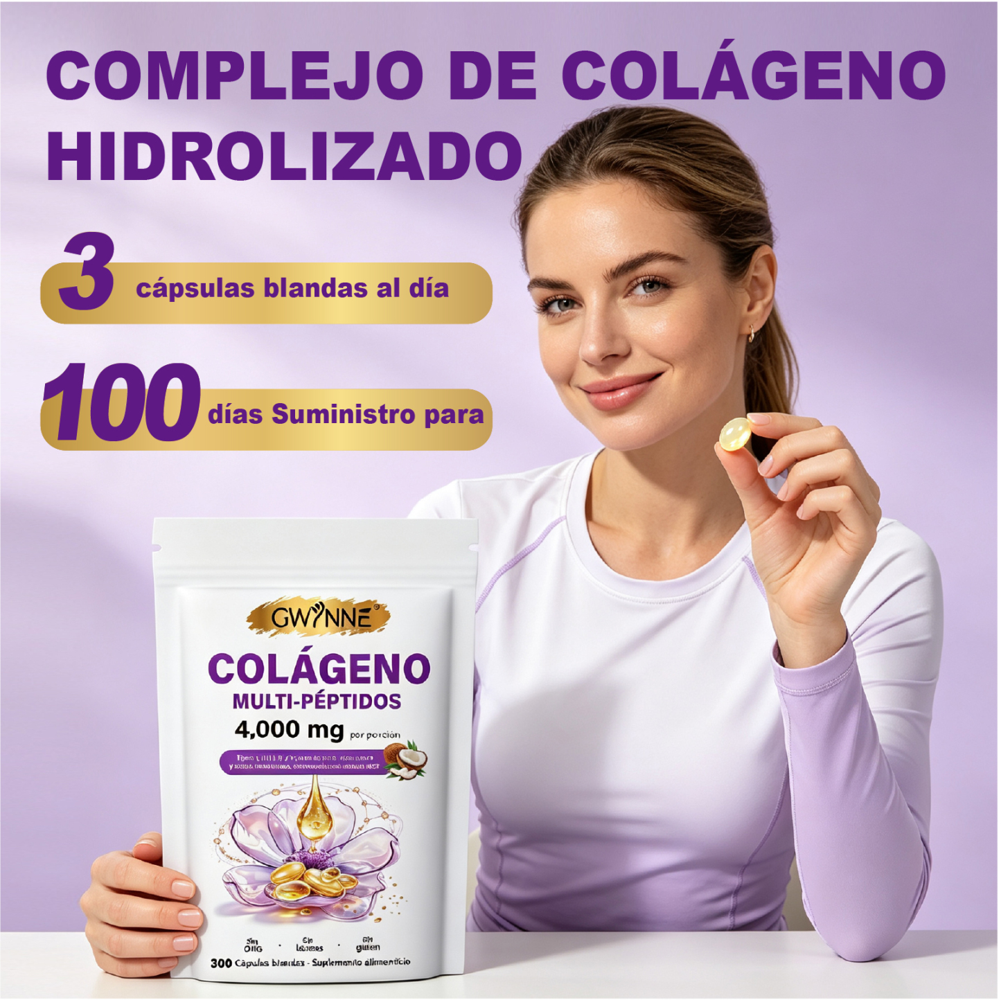 Gwynne Péptidos de Colágeno Múltiples 4000 mg,con Biotina y Ácido Hialurónico,300 Cápsulas