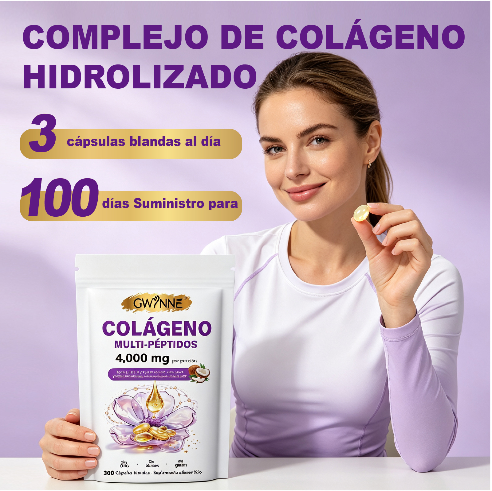 Gwynne Péptidos de Colágeno Múltiples 4000 mg,con Biotina y Ácido Hialurónico,300 Cápsulas