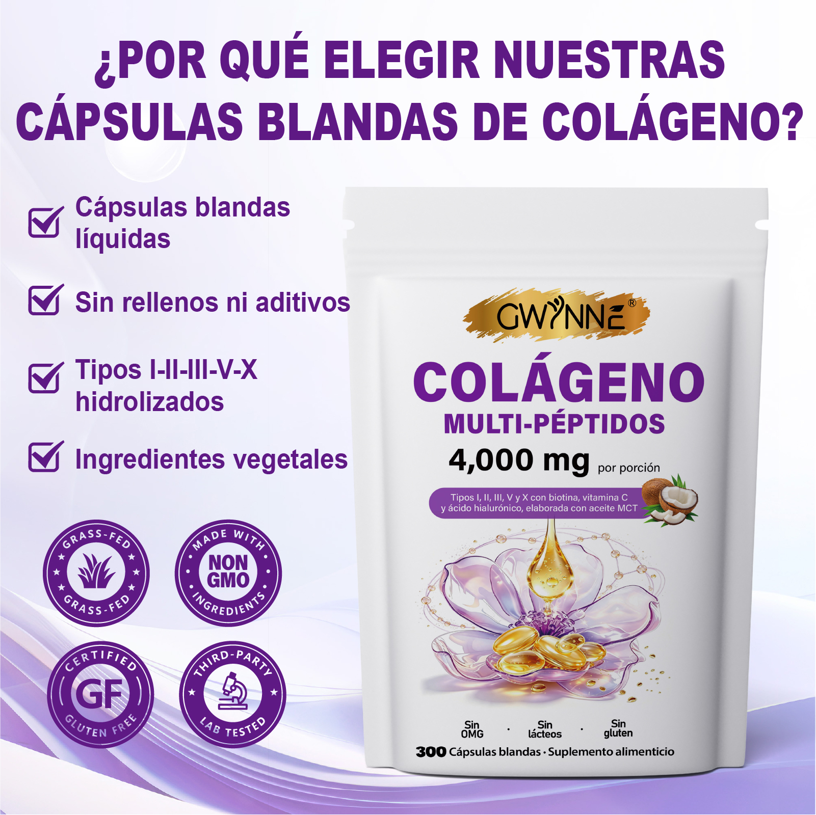 Gwynne Péptidos de Colágeno Múltiples 4000 mg,con Biotina y Ácido Hialurónico,300 Cápsulas