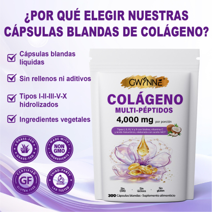 Gwynne Péptidos de Colágeno Múltiples 4000 mg,con Biotina y Ácido Hialurónico,300 Cápsulas