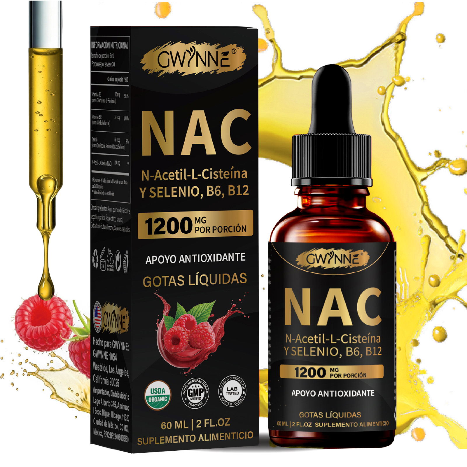 Gwynne Nac N-acetil-l-cisteína 1200mg Gotas 60ml, Con Vitamina B6,B12 Y Selenio,apoyo Antioxidante,inmunológico Y Respiratorio